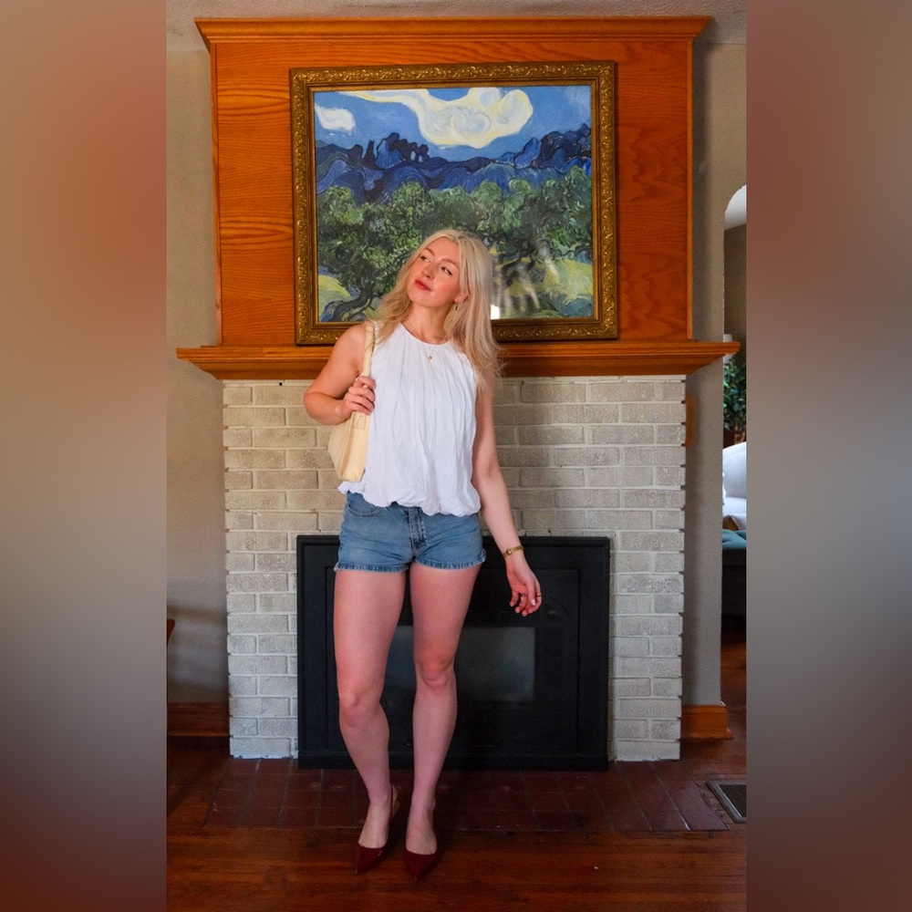 Madewell White Pleated Babydoll Sleeveless Blouse 100% cotton